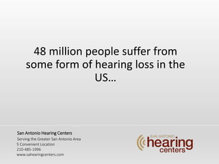 48 million people suffer from
some form of hearing loss in the
US
San Antonio Hearing Centers
Serving the Greater San Antonio Area
5 Convenient Location
210-485-1996
www.sahearingcenters.com
 