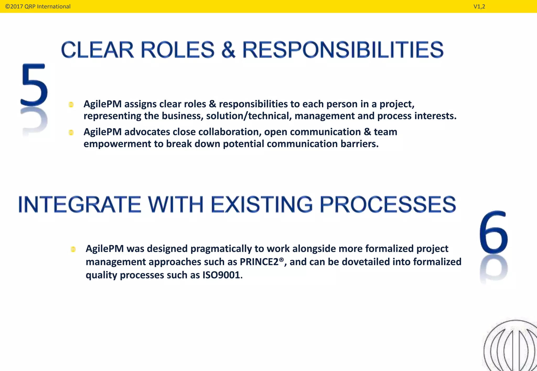 ©2017 QRP International V1,2
AgilePM assigns clear roles & responsibilities to each person in a project,
representing the business, solution/technical, management and process interests.
AgilePM advocates close collaboration, open communication & team
empowerment to break down potential communication barriers.
AgilePM was designed pragmatically to work alongside more formalized project
management approaches such as PRINCE2®, and can be dovetailed into formalized
quality processes such as ISO9001.
 