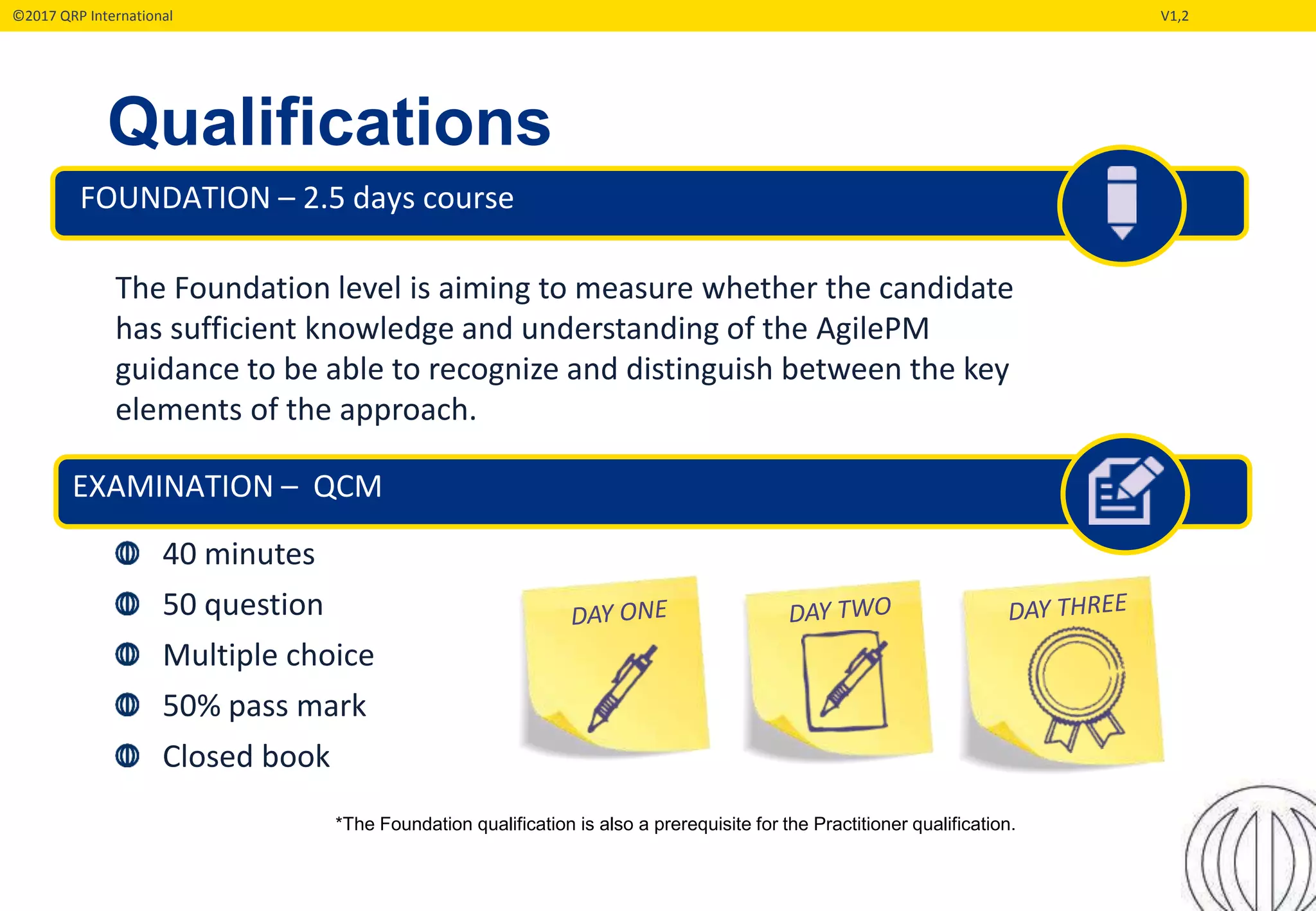 ©2017 QRP International V1,2
Qualifications
FOUNDATION – 2.5 days course
EXAMINATION – QCM
40 minutes
50 question
Multiple choice
50% pass mark
Closed book
The Foundation level is aiming to measure whether the candidate
has sufficient knowledge and understanding of the AgilePM
guidance to be able to recognize and distinguish between the key
elements of the approach.
*The Foundation qualification is also a prerequisite for the Practitioner qualification.
 