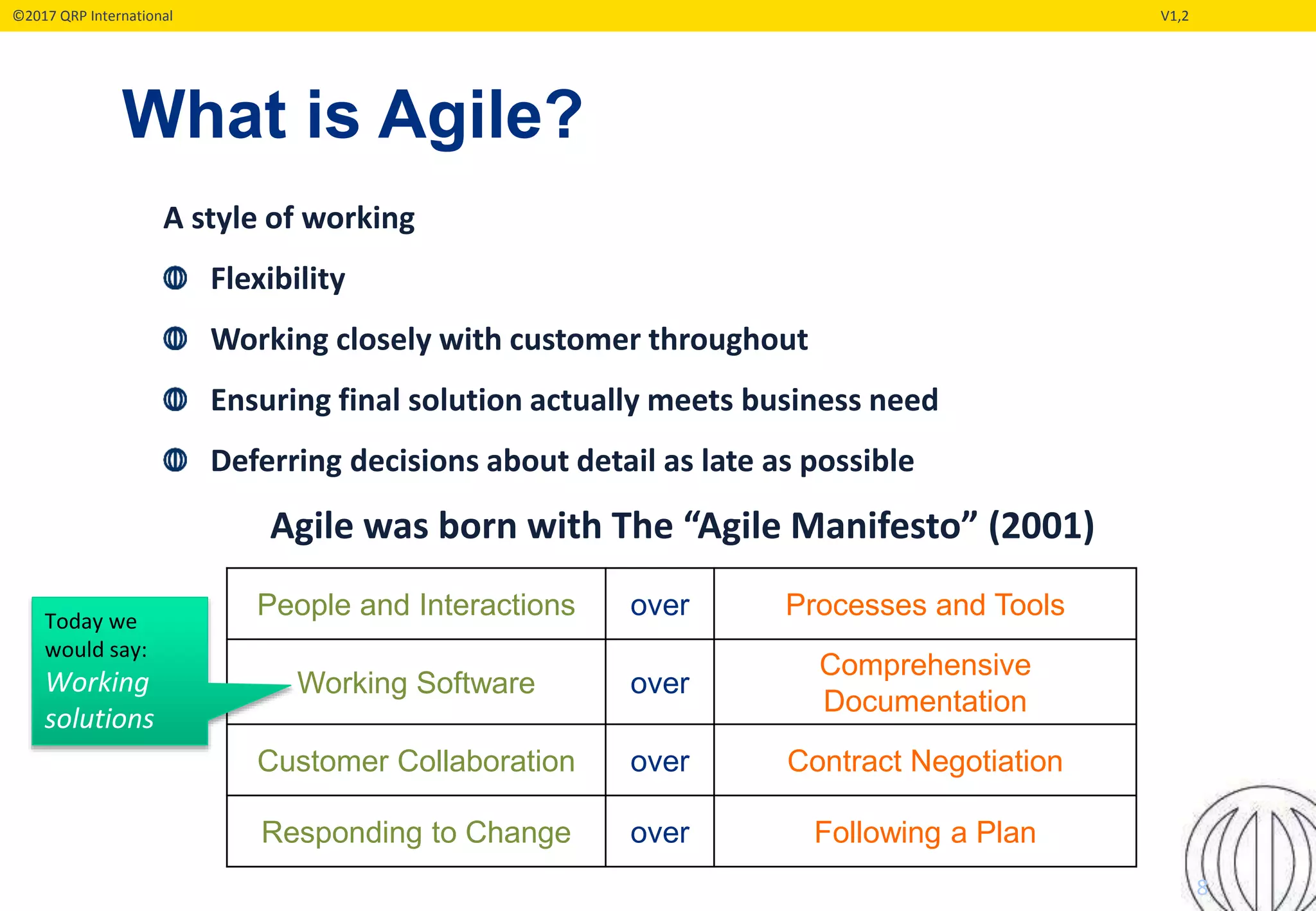 ©2017 QRP International V1,2
What is Agile?
8
A style of working
Flexibility
Working closely with customer throughout
Ensuring final solution actually meets business need
Deferring decisions about detail as late as possible
Agile was born with The “Agile Manifesto” (2001)
People and Interactions over Processes and Tools
Working Software over
Comprehensive
Documentation
Customer Collaboration over Contract Negotiation
Responding to Change over Following a Plan
Today we
would say:
Working
solutions
 