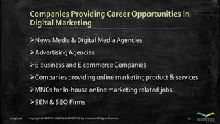 Companies Providing Career Opportunities in
Digital Marketing
News Media & Digital Media Agencies
Advertising Agencies
E business and E commerce Companies
Companies providing online marketing product & services
MNCs for In-house online marketing related jobs
SEM & SEO Firms
11/29/2016 Copyright © MERITAS DIGITAL MARKETING By Kris Haris.All Rights Reserved. 14
 