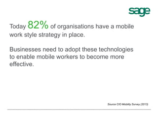 Today 82% of organisations have a mobile
work style strategy in place.
Businesses need to adopt these technologies
to enable mobile workers to become more
effective.
Source CIO Mobility Survey (2013)
 
