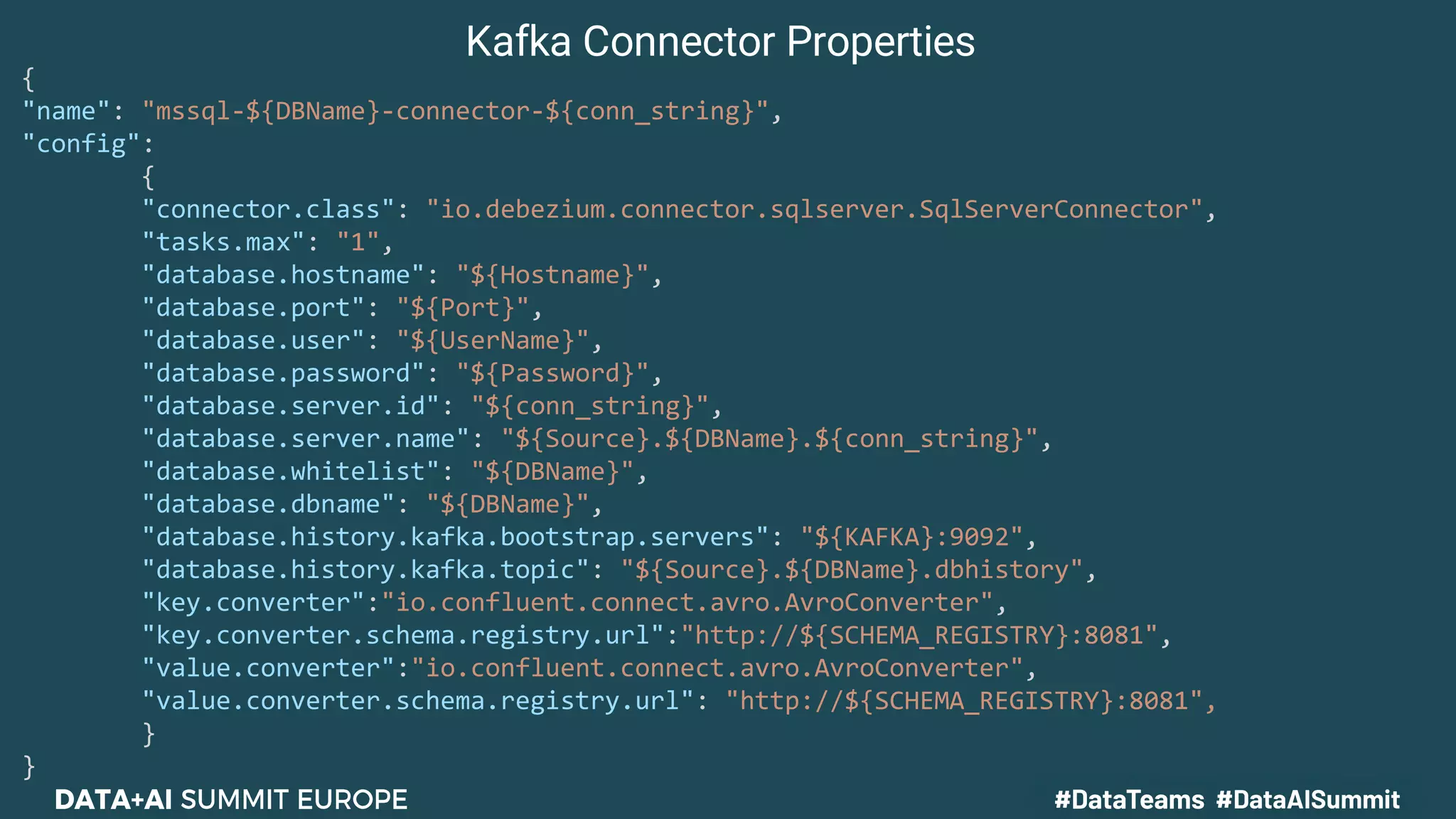 {
"name": "mssql-${DBName}-connector-${conn_string}",
"config":
{
"connector.class": "io.debezium.connector.sqlserver.SqlServerConnector",
"tasks.max": "1",
"database.hostname": "${Hostname}",
"database.port": "${Port}",
"database.user": "${UserName}",
"database.password": "${Password}",
"database.server.id": "${conn_string}",
"database.server.name": "${Source}.${DBName}.${conn_string}",
"database.whitelist": "${DBName}",
"database.dbname": "${DBName}",
"database.history.kafka.bootstrap.servers": "${KAFKA}:9092",
"database.history.kafka.topic": "${Source}.${DBName}.dbhistory",
"key.converter":"io.confluent.connect.avro.AvroConverter",
"key.converter.schema.registry.url":"http://${SCHEMA_REGISTRY}:8081",
"value.converter":"io.confluent.connect.avro.AvroConverter",
"value.converter.schema.registry.url": "http://${SCHEMA_REGISTRY}:8081",
}
}
Kafka Connector Properties
 