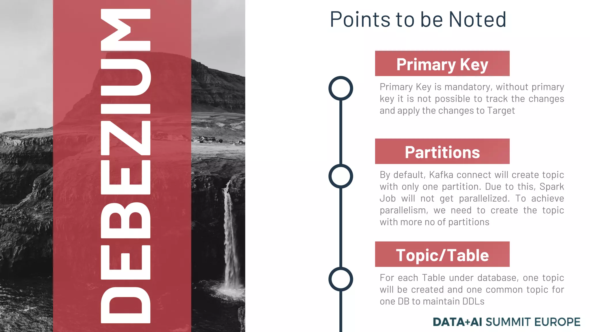 DEBEZIUM
Points to be Noted
Primary Key is mandatory, without primary
key it is not possible to track the changes
and apply the changes to Target
Primary Key
By default, Kafka connect will create topic
with only one partition. Due to this, Spark
Job will not get parallelized. To achieve
parallelism, we need to create the topic
with more no of partitions
Partitions
For each Table under database, one topic
will be created and one common topic for
one DB to maintain DDLs
Topic/Table
 