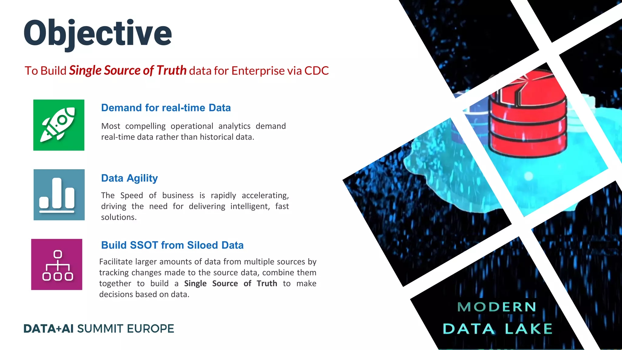 Objective
To Build Single Source of Truth data for Enterprise via CDC
Most compelling operational analytics demand
real-time data rather than historical data.
Data Agility
The Speed of business is rapidly accelerating,
driving the need for delivering intelligent, fast
solutions.
Facilitate larger amounts of data from multiple sources by
tracking changes made to the source data, combine them
together to build a Single Source of Truth to make
decisions based on data.
Build SSOT from Siloed Data
Demand for real-time Data
 