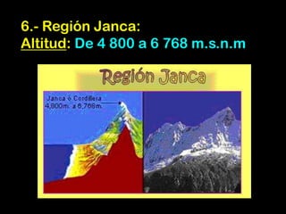 6.- Región Janca:
Altitud: De 4 800 a 6 768 m.s.n.m
 