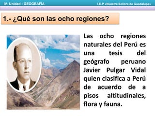 IV- Unidad : GEOGRAFÍA I.E.P «Nuestra Señora de Guadalupe»
1.- ¿Qué son las ocho regiones?
Las ocho regiones
naturales del Perú es
una tesis del
geógrafo peruano
Javier Pulgar Vidal
quien clasifica a Perú
de acuerdo de a
pisos altitudinales,
flora y fauna.
 