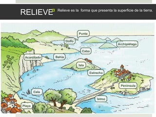 RELIEVE Relieve es la forma que presenta la superficie de la tierra.
 