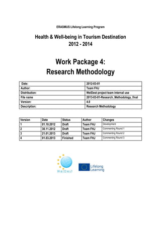 ERASMUS Lifelong Learning Program

Health & Well-being in Tourism Destination
2012 - 2014

Work Package 4:
Research Methodology
Date:
Author:
Distribution:
File name
Version:
Description:

Version
1
2
3
4

2012-03-01
Team FHJ
WelDest project team internal use
2013-03-01-Research_Methodology_final
4.0
Research Methodology

Date
01.10.2012
30.11.2012
21.01.2013
01.03.2013

Status
Draft
Draft
Draft
Finished

Author
Team FHJ
Team FHJ
Team FHJ
Team FHJ

Changes
Development
Commenting Round 1
Commenting Round 2
Commenting Round 3

 