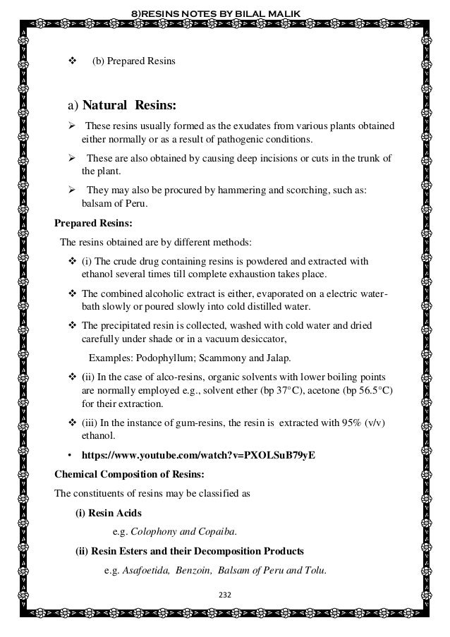 8 resins pharmacognosy notess