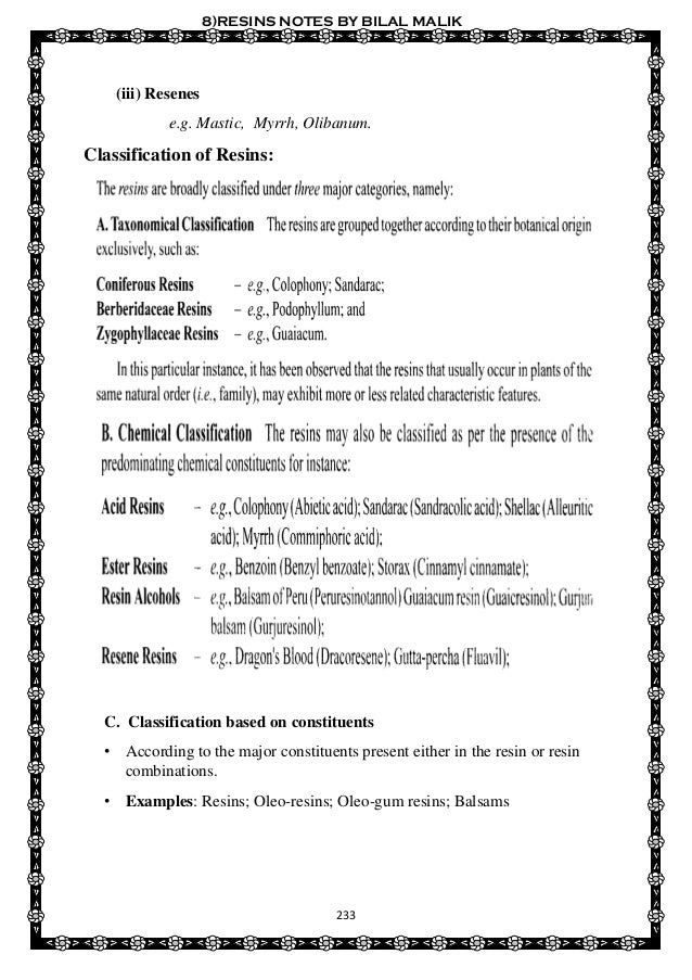 8 resins pharmacognosy notess