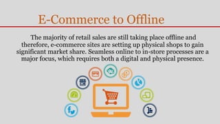 E-Commerce to Offline
The majority of retail sales are still taking place offline and
therefore, e-commerce sites are setting up physical shops to gain
significant market share. Seamless online to in-store processes are a
major focus, which requires both a digital and physical presence.
 