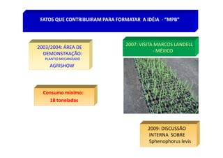 2003/2004: ÁREA DE
DEMONSTRAÇÃO:
PLANTIO MECANIZADO
AGRISHOW
2007: VISITA MARCOS LANDELL
- MÉXICO
FATOS QUE CONTRIBUIRAM PARA FORMATAR A IDÉIAFATOS QUE CONTRIBUIRAM PARA FORMATAR A IDÉIA -- “MPB”“MPB”
2009: DISCUSSÃO
INTERNA SOBRE
Sphenophorus levis
Consumo mínimo:Consumo mínimo:
18 toneladas18 toneladas
 