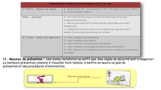 11. Mesures de prévention : Une bonne installation ne suffit pas. Des règles de sécurité sont à respecter :
La meilleure prévention consiste à travailler hors tension, à mettre en œuvre un plan de
prévention et des procédures d’intervention.
 