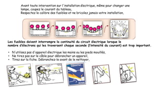 Avant toute intervention sur l'installation électrique, même pour changer une
lampe, coupez le courant du tableau,
Respectez le calibre des fusibles et ne bricolez jamais votre installation,
Les fusibles doivent interrompre la continuité du circuit électrique lorsque le
nombre d’électrons qui les traversent chaque seconde (l’intensité du courant) est trop important.
• N'utilisez pas d'appareil électrique les mains ou les pieds mouillés,
• Ne tirez pas sur le câble pour débrancher un appareil,
• Tirez sur la fiche. Débranchez-le avant de le nettoyer,
 
