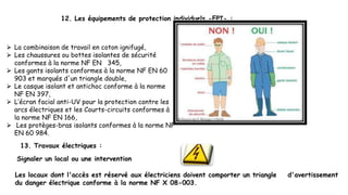 12. Les équipements de protection individuels -EPI- :
⮚ La combinaison de travail en coton ignifugé,
⮚ Les chaussures ou bottes isolantes de sécurité
conformes à la norme NF EN 345,
⮚ Les gants isolants conformes à la norme NF EN 60
903 et marqués d'un triangle double,
⮚ Le casque isolant et antichoc conforme à la norme
NF EN 397,
⮚ L’écran facial anti-UV pour la protection contre les
arcs électriques et les Courts-circuits conformes à
la norme NF EN 166,
⮚ Les protèges-bras isolants conformes à la norme NF
EN 60 984.
13. Travaux électriques :
Signaler un local ou une intervention
Les locaux dont l'accès est réservé aux électriciens doivent comporter un triangle d'avertissement
du danger électrique conforme à la norme NF X 08-003.
 