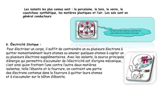 Les isolants les plus connus sont : la porcelaine, le bois, le verre, le
caoutchouc synthétique, les matières plastiques et l’air. Les sols sont en
général conducteurs
6. Électricité Statique :
Pour électriser un corps, il suffit de contraindre un ou plusieurs électrons à
quitter momentanément leurs atomes ou amener quelques atomes à capter un
ou plusieurs électrons supplémentaires. Avec les isolants, la source principale
d’énergie qui permettra d’accumuler de l’électricité est d’origine mécanique,
c’est ainsi qu’en frottant l’une contre l’autre deux matières
isolantes, telle l’ébonite et la fourrure, on contraint une partie
des électrons contenus dans la fourrure à quitter leurs atomes
et à s’accumuler sur le bâton d’ébonite.
 