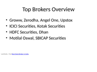 Top Brokers Overview
• Groww, Zerodha, Angel One, Upstox
• ICICI Securities, Kotak Securities
• HDFC Securities, Dhan
• Motilal Oswal, SBICAP Securities
Lamfindia - Find Best Stock Broker in India
 