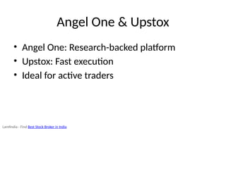 Angel One & Upstox
• Angel One: Research-backed platform
• Upstox: Fast execution
• Ideal for active traders
Lamfindia - Find Best Stock Broker in India
 