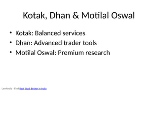 Kotak, Dhan & Motilal Oswal
• Kotak: Balanced services
• Dhan: Advanced trader tools
• Motilal Oswal: Premium research
Lamfindia - Find Best Stock Broker in India
 