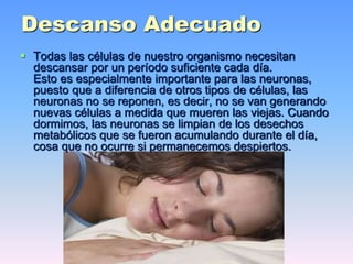 Descanso Adecuado
 Todas las células de nuestro organismo necesitan
descansar por un período suficiente cada día.
Esto es especialmente importante para las neuronas,
puesto que a diferencia de otros tipos de células, las
neuronas no se reponen, es decir, no se van generando
nuevas células a medida que mueren las viejas. Cuando
dormimos, las neuronas se limpian de los desechos
metabólicos que se fueron acumulando durante el día,
cosa que no ocurre si permanecemos despiertos.
 