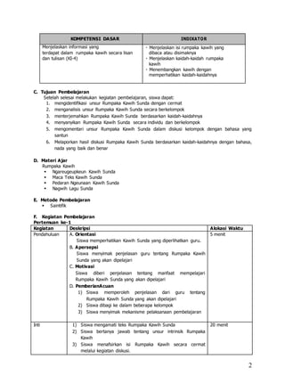 2 
KOMPETENSI DASAR INDIKATOR 
Menjelaskan informasi yang 
terdapat dalam rumpaka kawih secara lisan 
dan tulisan (KI-4) 
Menjelaskan isi rumpaka kawih yang 
dibaca atau disimaknya 
Menjelaskan kaidah-kaidah rumpaka 
kawih 
Menembangkan kawih dengan 
memperhatikan kaidah-kaidahnya 
C. Tujuan Pembelajaran 
Setelah selesai melakukan kegiatan pembelajaran, siswa dapat: 
1. mengidentifikasi unsur Rumpaka Kawih Sunda dengan cermat 
2. menganalisis unsur Rumpaka Kawih Sunda secara berkelompok 
3. menterjemahkan Rumpaka Kawih Sunda berdasarkan kaidah-kaidahnya 
4. menyanyikan Rumpaka Kawih Sunda secara individu dan berkelompok 
5. mengomentari unsur Rumpaka Kawih Sunda dalam diskusi kelompok dengan bahasa yang 
santun 
6. Melaporkan hasil diskusi Rumpaka Kawih Sunda berdasarkan kaidah-kaidahnya dengan bahasa, 
nada yang baik dan benar 
D. Materi Ajar 
Rumpaka Kawih 
 Ngareugeupkeun Kawih Sunda 
 Maca Teks Kawih Sunda 
 Pedaran Ngeunaan Kawih Sunda 
 Nagwih Lagu Sunda 
E. Metode Pembelajaran 
 Saintifik 
F. Kegiatan Pembelajaran 
Pertemuan ke-1 
Kegiatan Deskripsi Alokasi Waktu 
Pendahuluan A. Orientasi 
Siswa memperhatikan Kawih Sunda yang diperlihatkan guru. 
B. Apersepsi 
Siswa menyimak penjelasan guru tentang Rumpaka Kawih 
Sunda yang akan dipelajari 
C. Motivasi 
Siswa diberi penjelasan tentang manfaat mempelajari 
Rumpaka Kawih Sunda yang akan dipelajari 
D. PemberianAcuan 
1) Siswa memperoleh penjelasan dari guru tentang 
Rumpaka Kawih Sunda yang akan dipelajari 
2) Siswa dibagi ke dalam beberapa kelompok 
3) Siswa menyimak mekanisme pelaksanaan pembelajaran 
5 menit 
Inti 1) Siswa mengamati teks Rumpaka Kawih Sunda 
2) Siswa bertanya jawab tentang unsur intrinsik Rumpaka 
Kawih 
3) Siswa menafsirkan isi Rumpaka Kawih secara cermat 
melalui kegiatan diskusi. 
20 menit 
 