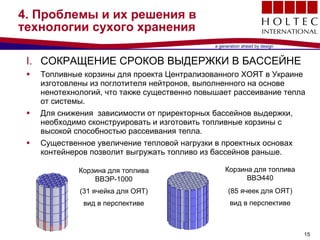 4.  Проблемы и их решения в технологии сухого хранения СОКРАЩЕНИЕ СРОКОВ ВЫДЕРЖКИ В БАССЕЙНЕ Топливные корзины для проекта Централизованного ХОЯТ в Украине изготовлены из поглотителя нейтронов, выполненного на основе ненотехнологий, что также существенно повышает рассеивание тепла от системы .  Для снижения  зависимости от приректорных бассейнов выдержки, необходимо сконструировать и изготовить топливные корзины с высокой способностью рассеивания тепла . Существенное увеличение тепловой нагрузки в проектных основах контейнеров позволит выгружать топливо из бассейнов раньше . Корзина для топлива ВВЭР -1000 (31  ячейка для ОЯТ ) вид в перспективе Корзина для топлива ВВЭ440 (85  ячеек для ОЯТ ) вид в перспективе 
