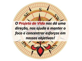 O Projeto de Vida nos dá uma
direção, nos ajuda a manter o
foco e concentrar esforços em
nossos objetivos!
 