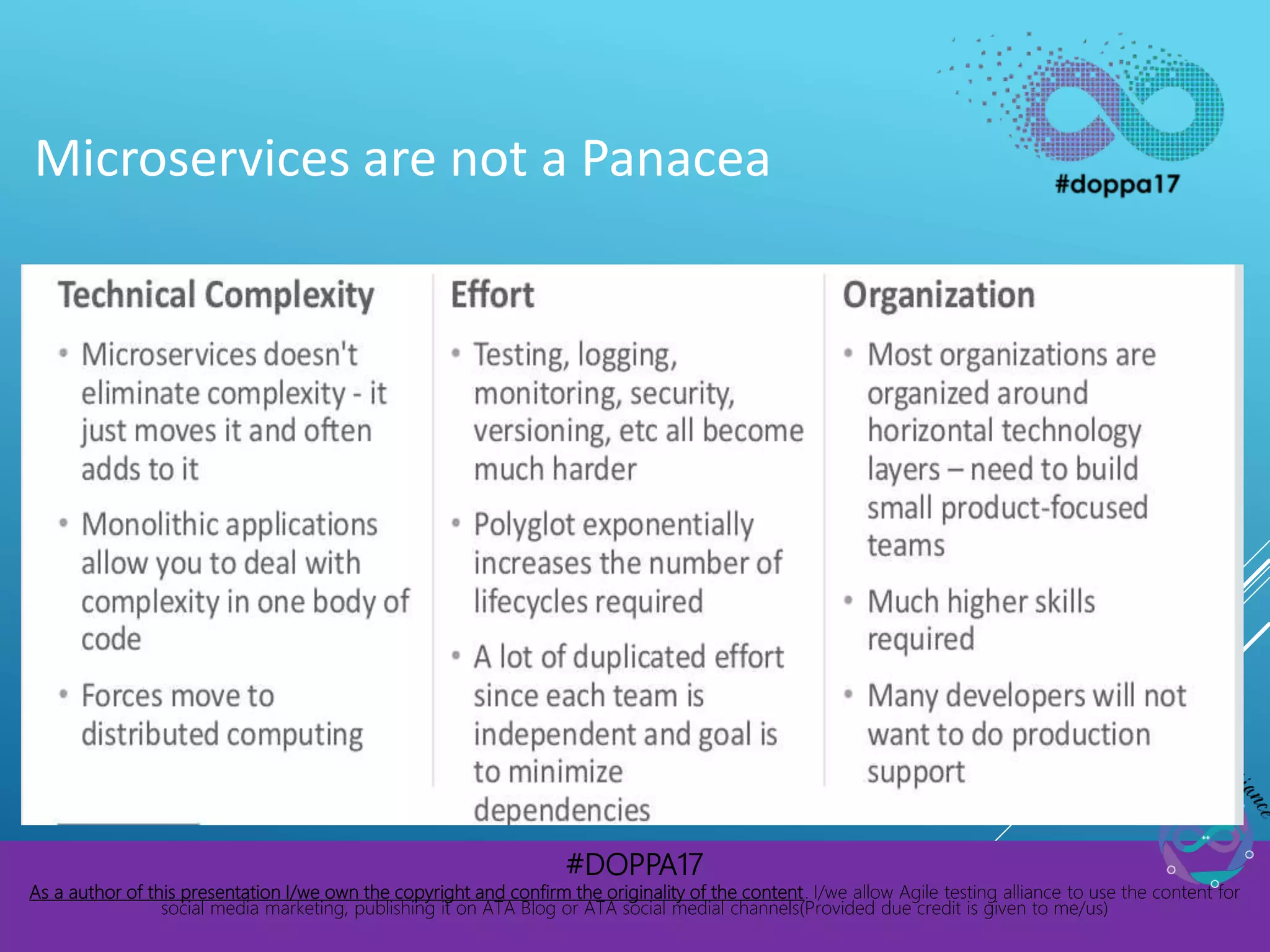 #DOPPA17
As a author of this presentation I/we own the copyright and confirm the originality of the content. I/we allow Agile testing alliance to use the content for
social media marketing, publishing it on ATA Blog or ATA social medial channels(Provided due credit is given to me/us)
Microservices are not a Panacea
 