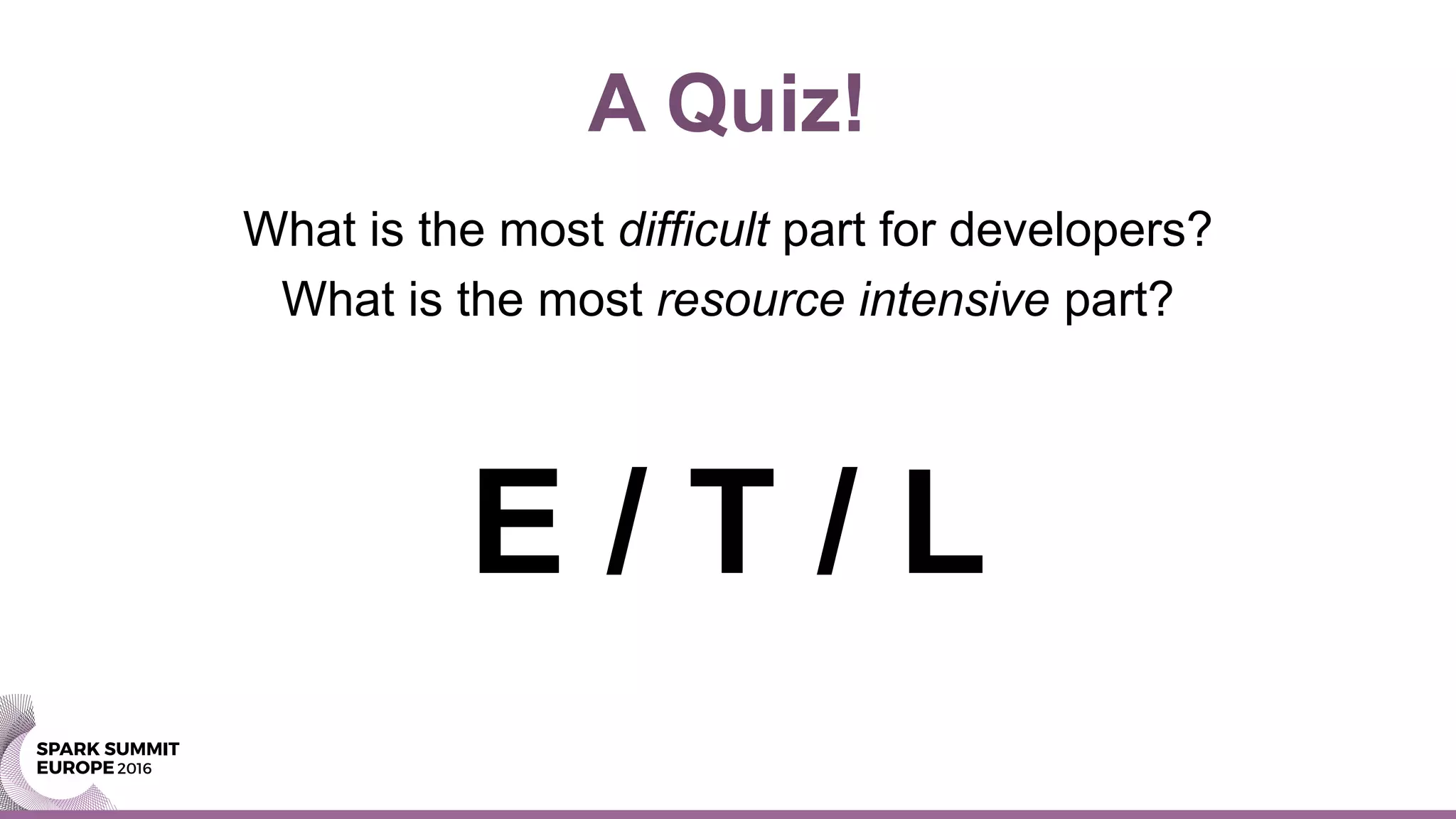 A Quiz!
What is the most difficult part for developers?
What is the most resource intensive part?
E / T / L
 