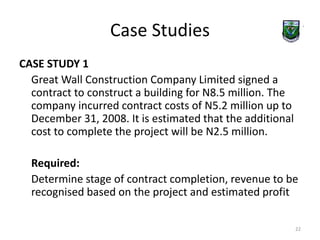 Case Studies 
CASE STUDY 1 
Great Wall Construction Company Limited signed a 
contract to construct a building for N8.5 million. The 
company incurred contract costs of N5.2 million up to 
December 31, 2008. It is estimated that the additional 
cost to complete the project will be N2.5 million. 
Required: 
Determine stage of contract completion, revenue to be 
recognised based on the project and estimated profit 
22 
 
