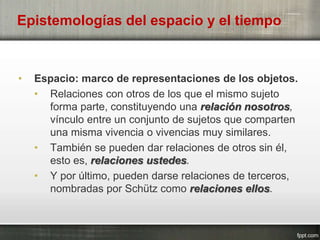Epistemologías del espacio y el tiempo
• Espacio: marco de representaciones de los objetos.
• Relaciones con otros de los que el mismo sujeto
forma parte, constituyendo una relación nosotros,
vínculo entre un conjunto de sujetos que comparten
una misma vivencia o vivencias muy similares.
• También se pueden dar relaciones de otros sin él,
esto es, relaciones ustedes.
• Y por último, pueden darse relaciones de terceros,
nombradas por Schütz como relaciones ellos.
 