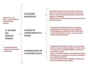 SITUACIÓN
BIOGRÁFICA
ACERVO DE
CONOCIMIENTO A
MANO
COORDENADAS DE
LA MATRÍZ SOCIAL
EL MUNDO
DEL
SENTIDO
COMÚN
•Mundo de la vida
diaria, mundo cotidiano
•Actitud natural
(Husserl)
El mundo del sentido
común es la escena de la
acción social
•El periódo formativo de cada vida transcurre de una
manera única según la perspectiva de sus particulares
intereses, motivos, deseos, aspiraciones, compromisos
religiosos e ideológicos.
•Experiencia que una persona construye en el curso de su
existencia concreta
•El caudal de experiencia típicamente aprendido e
interpretado sirve de basa para la acción siguiente.
• Está integrado por tipificaciones del sentido común
• Experiencias desde que nacemos y que sirven para
nuestras acciones personales.
•El basamento primordial de nuestro ser en el mundo
reside en el espacio y tiempo subjetivos. También como
en lo referente a la situación biográfica y el acervo de
conocimiento a mano
•Aunque el individuo define su mundo desde su propia
perspectiva, es, no obstante, un ser social, enraizado en
una realidad intersubjetiva
• El conocimiento del mundo depende de mi ubicación
física en el mundo (tiempo- espacio).
 