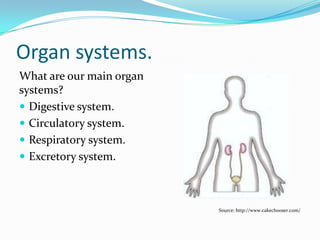LEVELS OF ORGANISATION.
Cells • form
Tissues • form
Organs • form
Organ
systems
• form
Organism
Source: http://encyclopedia.lubopitko-bg.com/
 
