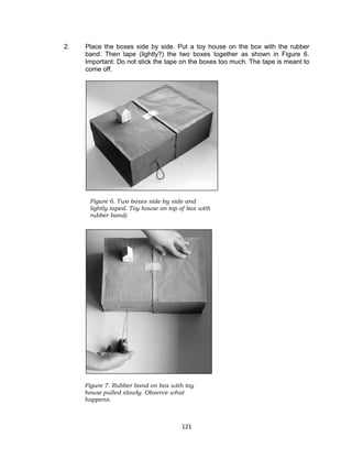 121
2. Place the boxes side by side. Put a toy house on the box with the rubber
band. Then tape (lightly?) the two boxes together as shown in Figure 6.
Important: Do not stick the tape on the boxes too much. The tape is meant to
come off.
Figure 6. Two boxes side by side and
lightly taped. Toy house on top of box with
rubber band)
Figure 7. Rubber band on box with toy
house pulled slowly. Observe what
happens.
 