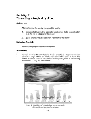 147
Activity 3
Dissecting a tropical cyclone
Objectives:
After performing this activity, you should be able to:
1. explain what two weather factors tell weathermen that a certain location
is at the eye of a tropical cyclone; and
2. put in simple words the statement “calm before the storm.”
Materials Needed:
weather data (air pressure and wind speed)
Procedure:
1. Figure 1 consists of two illustrations. The top one shows a tropical cyclone as
seen at an angle. White rain bands move around the center or “eye”. The
bottom illustration shows a cross-section of a tropical cyclone. It is like slicing
it in half and looking at it from the side.
Figure 4. (Top) View of a tropical cyclone at an angle.
(Bottom) Cross-section of a typhoon.
 