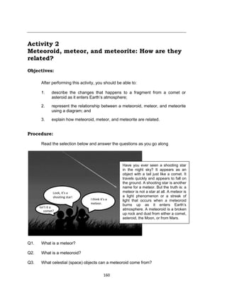 160
Activity 2
Meteoroid, meteor, and meteorite: How are they
related?
Objectives:
After performing this activity, you should be able to:
1. describe the changes that happens to a fragment from a comet or
asteroid as it enters Earth’s atmosphere;
2. represent the relationship between a meteoroid, meteor, and meteorite
using a diagram; and
3. explain how meteoroid, meteor, and meteorite are related.
Procedure:
Read the selection below and answer the questions as you go along
Q1. What is a meteor?
Q2. What is a meteoroid?
Q3. What celestial (space) objects can a meteoroid come from?
Have you ever seen a shooting star
in the night sky? It appears as an
object with a tail just like a comet. It
travels quickly and appears to fall on
the ground. A shooting star is another
name for a meteor. But the truth is: a
meteor is not a star at all. A meteor is
a light phenomenon or a streak of
light that occurs when a meteoroid
burns up as it enters Earth’s
atmosphere. A meteoroid is a broken
up rock and dust from either a comet,
asteroid, the Moon, or from Mars.
Look, it’s a
shooting star!
I think it’s a
meteor.
Isn’t it a
comet?
 
