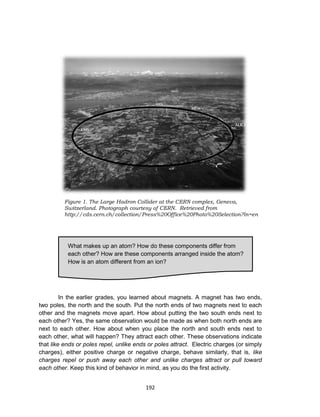 192
In the earlier grades, you learned about magnets. A magnet has two ends,
two poles, the north and the south. Put the north ends of two magnets next to each
other and the magnets move apart. How about putting the two south ends next to
each other? Yes, the same observation would be made as when both north ends are
next to each other. How about when you place the north and south ends next to
each other, what will happen? They attract each other. These observations indicate
that like ends or poles repel, unlike ends or poles attract. Electric charges (or simply
charges), either positive charge or negative charge, behave similarly, that is, like
charges repel or push away each other and unlike charges attract or pull toward
each other. Keep this kind of behavior in mind, as you do the first activity.
What makes up an atom? How do these components differ from
each other? How are these components arranged inside the atom?
How is an atom different from an ion?
Figure 1. The Large Hadron Collider at the CERN complex, Geneva,
Switzerland. Photograph courtesy of CERN. Retrieved from
http://cds.cern.ch/collection/Press%20Office%20Photo%20Selection?ln=en
 