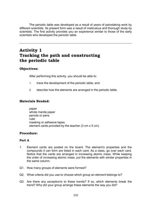 210
The periodic table was developed as a result of years of painstaking work by
different scientists. Its present form was a result of meticulous and thorough study by
scientists. The first activity provides you an experience similar to those of the early
scientists who developed the periodic table.
Activity 1
Tracking the path and constructing
the periodic table
Objectives:
After performing this activity, you should be able to:
1. trace the development of the periodic table; and
2. describe how the elements are arranged in the periodic table.
Materials Needed:
paper
whole manila paper
pencils or pens
ruler
masking or adhesive tapes
element cards provided by the teacher (3 cm x 5 cm)
Procedure:
Part A
1. Element cards are posted on the board. The element’s properties and the
compounds it can form are listed in each card. As a class, go over each card.
Notice that the cards are arranged in increasing atomic mass. While keeping
the order of increasing atomic mass, put the elements with similar properties in
the same column.
Q1. How many groups of elements were formed?
Q2. What criteria did you use to choose which group an element belongs to?
Q3. Are there any exception/s to these trends? If so, which elements break the
trend? Why did your group arrange these elements the way you did?
 