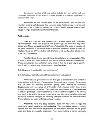 255
Echinoderm species which are edible include the sea urchin and sea
cucumber. Holothuria edulis, a sea cucumber, is dried and used as ingredient for
chopsuey and soups.
Remember the role of coral reefs in the environment? Sea urchins are
important to coral reefs because they consume algae that otherwise overgrow and
can kill the corals. In contrast, the sea star, crown of thorns, are predators of coral
polyps posing a threat to the existence of the reefs.
Arthropods
Have you observed what grasshoppers, spiders, crabs and centipedes
have in common? If you take a look at each of these you will notice that they have
jointed legs. These animals belong to Phylum Arthropoda. The group is considered
the most successful of all animal phyla as they are present in almost all types of
habitats. There are arthropods that walk or crawl, some can fly, while others swim
in salty and freshwaters.
Recall in Grade 6, you learned that arthropods have an exoskeleton. This
is made of chitin and varies from thin and flexible to thick and hard exoskeletons.
These animals grow a new skeleton many times in their life to give way to growth,
specifically, increase in size through the process of molting.
Q48. How do arthropods differ from echinoderms?
Q49. What could be the function of the exoskeleton in arthropods?
Arthropods are grouped based on the type of exoskeleton, the number of
body sections and the kind of appendages like mouth parts present. Appendages
may be used for avoiding predators, getting food, walking or swimming.
Crustaceans form one group of arthropods which includes water fleas, crabs,
shrimps, lobsters and barnacles. They have hard exoskeletons and have mandible
to bite and grind food. All crustaceans live in water with the exception of the pill bug.
You see it in the soil as the small creature that rolls into a tiny ball when disturbed.
Aquatic crustaceans have gills for breathing. Many crustaceans are food to humans.
The small ones are eaten by fishes and even whales.
Arachnids have two body sections, most with four pairs of legs and
mouthparts called chelicerae and pedipalps. They use book lungs to respire.
Spiders with thin and flexible exoskeleton are the largest members of the group.
Mites and ticks are parasitic arachnids. They cause itching to some mammals,
 
