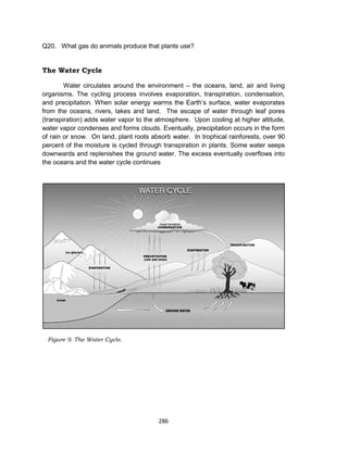 286
Q20. What gas do animals produce that plants use?
The Water Cycle
Water circulates around the environment – the oceans, land, air and living
organisms. The cycling process involves evaporation, transpiration, condensation,
and precipitation. When solar energy warms the Earth’s surface, water evaporates
from the oceans, rivers, lakes and land. The escape of water through leaf pores
(transpiration) adds water vapor to the atmosphere. Upon cooling at higher altitude,
water vapor condenses and forms clouds. Eventually, precipitation occurs in the form
of rain or snow. On land, plant roots absorb water. In trophical rainforests, over 90
percent of the moisture is cycled through transpiration in plants. Some water seeps
downwards and replenishes the ground water. The excess eventually overflows into
the oceans and the water cycle continues
Figure 9. The Water Cycle.
 