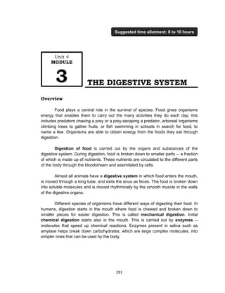 291
THE DIGESTIVE SYSTEM
Overview
Food plays a central role in the survival of species. Food gives organisms
energy that enables them to carry out the many activities they do each day; this
includes predators chasing a prey or a prey escaping a predator, arboreal organisms
climbing trees to gather fruits, or fish swimming in schools in search for food, to
name a few. Organisms are able to obtain energy from the foods they eat through
digestion.
Digestion of food is carried out by the organs and substances of the
digestive system. During digestion, food is broken down to smaller parts -- a fraction
of which is made up of nutrients. These nutrients are circulated to the different parts
of the body through the bloodstream and assimilated by cells.
Almost all animals have a digestive system in which food enters the mouth,
is moved through a long tube, and exits the anus as feces. The food is broken down
into soluble molecules and is moved rhythmically by the smooth muscle in the walls
of the digestive organs.
Different species of organisms have different ways of digesting their food. In
humans, digestion starts in the mouth where food is chewed and broken down to
smaller pieces for easier digestion. This is called mechanical digestion. Initial
chemical digestion starts also in the mouth. This is carried out by enzymes --
molecules that speed up chemical reactions. Enzymes present in saliva such as
amylase helps break down carbohydrates, which are large complex molecules, into
simpler ones that can be used by the body.
Unit 4
MODULE
3
Suggested time allotment: 8 to 10 hours
 
