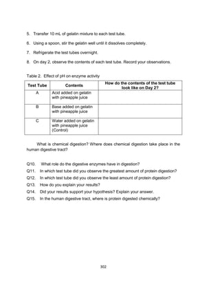 302
5. Transfer 10 mL of gelatin mixture to each test tube.
6. Using a spoon, stir the gelatin well until it dissolves completely.
7. Refrigerate the test tubes overnight.
8. On day 2, observe the contents of each test tube. Record your observations.
Table 2. Effect of pH on enzyme activity
Test Tube Contents
How do the contents of the test tube
look like on Day 2?
A Acid added on gelatin
with pineapple juice
B Base added on gelatin
with pineapple juice
C Water added on gelatin
with pineapple juice
(Control)
What is chemical digestion? Where does chemical digestion take place in the
human digestive tract?
Q10. What role do the digestive enzymes have in digestion?
Q11. In which test tube did you observe the greatest amount of protein digestion?
Q12. In which test tube did you observe the least amount of protein digestion?
Q13. How do you explain your results?
Q14. Did your results support your hypothesis? Explain your answer.
Q15. In the human digestive tract, where is protein digested chemically?
 