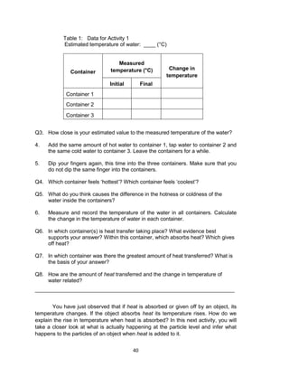 40
Table 1: Data for Activity 1
Estimated temperature of water: ____ (°C)
Container
Measured
temperature (°C) Change in
temperature
Initial Final
Container 1
Container 2
Container 3
Q3. How close is your estimated value to the measured temperature of the water?
4. Add the same amount of hot water to container 1, tap water to container 2 and
the same cold water to container 3. Leave the containers for a while.
5. Dip your fingers again, this time into the three containers. Make sure that you
do not dip the same finger into the containers.
Q4. Which container feels ‘hottest’? Which container feels ‘coolest’?
Q5. What do you think causes the difference in the hotness or coldness of the
water inside the containers?
6. Measure and record the temperature of the water in all containers. Calculate
the change in the temperature of water in each container.
Q6. In which container(s) is heat transfer taking place? What evidence best
supports your answer? Within this container, which absorbs heat? Which gives
off heat?
Q7. In which container was there the greatest amount of heat transferred? What is
the basis of your answer?
Q8. How are the amount of heat transferred and the change in temperature of
water related?
___________________________________________________________________
You have just observed that if heat is absorbed or given off by an object, its
temperature changes. If the object absorbs heat its temperature rises. How do we
explain the rise in temperature when heat is absorbed? In this next activity, you will
take a closer look at what is actually happening at the particle level and infer what
happens to the particles of an object when heat is added to it.
 