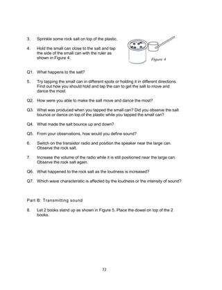 72
3. Sprinkle some rock salt on top of the plastic.
4. Hold the small can close to the salt and tap
the side of the small can with the ruler as
shown in Figure 4.
Q1. What happens to the salt?
5. Try tapping the small can in different spots or holding it in different directions.
Find out how you should hold and tap the can to get the salt to move and
dance the most.
Q2. How were you able to make the salt move and dance the most?
Q3. What was produced when you tapped the small can? Did you observe the salt
bounce or dance on top of the plastic while you tapped the small can?
Q4. What made the salt bounce up and down?
Q5. From your observations, how would you define sound?
6. Switch on the transistor radio and position the speaker near the large can.
Observe the rock salt.
7. Increase the volume of the radio while it is still positioned near the large can.
Observe the rock salt again.
Q6. What happened to the rock salt as the loudness is increased?
Q7. Which wave characteristic is affected by the loudness or the intensity of sound?
Part B: Transmitting sound
8. Let 2 books stand up as shown in Figure 5. Place the dowel on top of the 2
books.
Figure 4
 