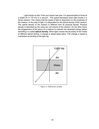 95
Light travels so fast. From your lesson last year, it is approximated to travel at
a speed of 3 x 108
m/s in a vacuum. This speed decreases when light travels in a
dense medium. This means that the speed of light is dependent on the properties of
the medium. In the case of light, it is dependent on the optical density of the medium.
The optical density of the medium is different from its physical density. Physical
density is described as the mass per unit volume of the medium. On the other hand,
the sluggishness of the atoms of a medium to maintain the absorbed energy before
reemitting it is called optical density. When light crosses the boundary of two media
of different optical density, a change in speed takes place. This change in speed is
manifested as bending of the light ray.
Figure 5. Refraction of light
 