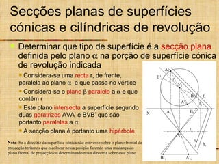 Secções planas de superfícies cónicas e cilíndricas de revolução Determinar que tipo de superfície é a  secção plana  definida pelo plano    na porção de superfície cónica de revolução indicada Considera-se uma  recta  r, de frente, paralela ao plano     e que passa no vértice  Considera-se o  plano      paralelo  a    e que contém r Este plano  intersecta  a superfície segundo duas  geratrizes  AVA’ e BVB’ que são portanto  paralelas  a     A secção plana é portanto uma  hipérbole Nota : Se a directriz da superfície cónica não estivesse sobre o plano frontal de projecção teríamos que o colocar nessa posição fazendo uma mudança do plano frontal de projecção ou determinando nova directriz sobre este plano X V 2 V 1 h  f  f  h  r 2 r 1 A 2 A’ 2 B 2 B’ 2 A 1 A’ 1 B’ 1 B 1 
