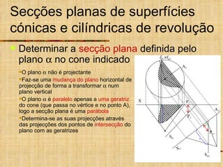Secções planas de superfícies cónicas e cilíndricas de revolução Determinar a  secção plana  definida pelo plano    no cone indicado  f  1 O plano    não é projectante Faz-se uma  mudança do plano  horizontal de projecção de forma a transformar    num plano vertical O plano    é  paralelo  apenas a  uma   geratriz  do cone (que passa no vértice e no ponto A), logo a secção plana é uma  parábola Determina-se as suas projecções através das projecções dos pontos de  intersecção  do plano com as geratrizes X P 1 P 2 X 1 h  1 P 11 A 11 A 2 h  f  
