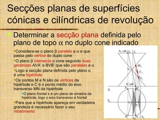 Secções planas de superfícies cónicas e cilíndricas de revolução Determinar a  secção plana  definida pelo plano de topo    no duplo cone indicado Considera-se o plano     paralelo  a    e que passa pelo  vértice  do duplo cone O plano     intersecta  o cone segundo  duas   geratrizes  AVA’ e BVB’ que são  paralelas  a     Logo a secção plana definida pelo plano     é uma  hipérbole Os pontos M e N são os  vértices  da hipérbole e C é o ponto médio do eixo transverso MN da hipérbole O plano frontal    é um plano de simetria da hipérbole, logo o eixo transverso é frontal Para que a hipérbole apareça em verdadeira grandeza é necessário fazer o seu  rebatimento V 2 V 1 X h  f  C 2 M 2 N 2 f  h  C 1 A’ 2  B’ 2 A 2  B 2 A 1 A’ 1 B’ 1 B 1 h  