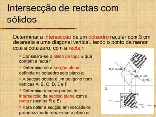 Intersecção de rectas com sólidos Determinar a  intersecção  de um  octaedro  regular com 3 cm de aresta e uma diagonal vertical, tendo o ponto de menor cota a cota zero, com a  recta  r C 1 r 1 r 2  (f  ) V 1 A 1 B 1 R 2   S 2 F 1 Considera-se o  plano de topo     que contém a recta r Determina-se a  secção plana  definida no octaedro pelo plano   A secção obtida é um polígono com vértices A, B, C, D, E e F Determinam-se os pontos de  intersecção  da  secção plana  com a  recta  r (pontos R e S) Para obter a secção em verdadeira grandeza pode rebater-se o plano     X A 2  B 2 D 2  E 2 C 2  F 2 S 1 R 1 D 1 E 1 